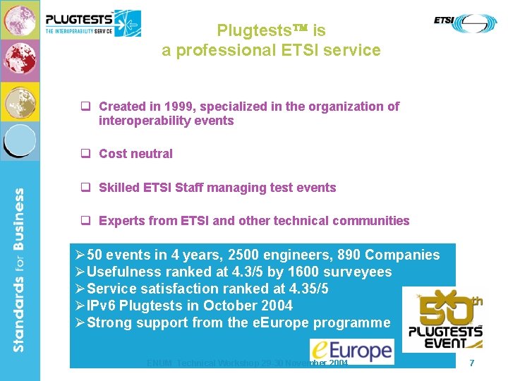 Plugtests is a professional ETSI service q Created in 1999, specialized in the organization