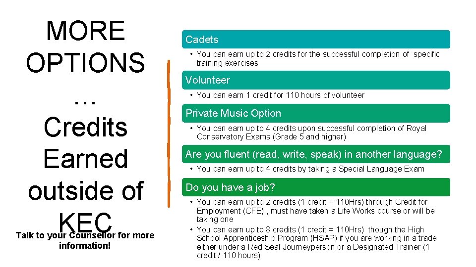 MORE OPTIONS … Credits Earned outside of KEC Talk to your Counsellor for more