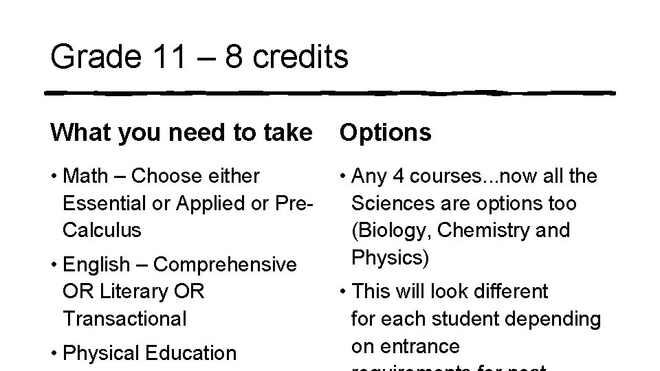 Grade 11 – 8 credits What you need to take Options • Math –