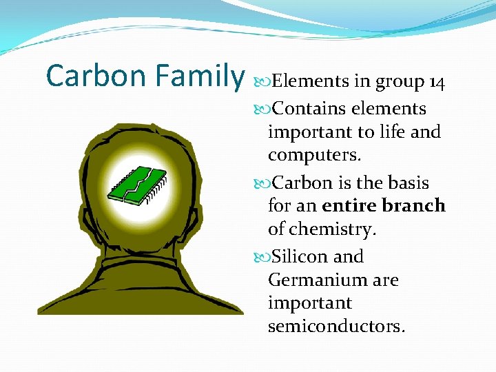 Carbon Family Elements in group 14 Contains elements important to life and computers. Carbon