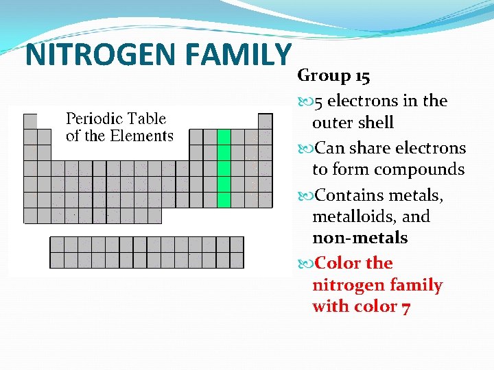 NITROGEN FAMILY Group 15 5 electrons in the outer shell Can share electrons to