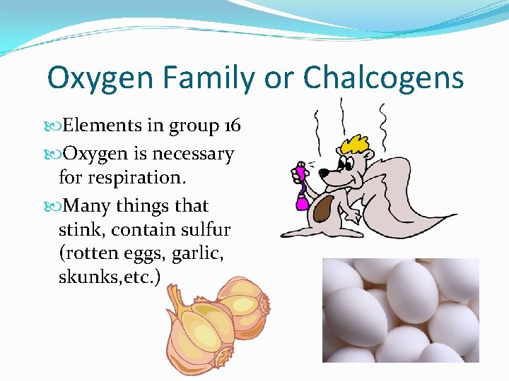 Oxygen Family or Chalcogens Elements in group 16 Oxygen is necessary for respiration. Many