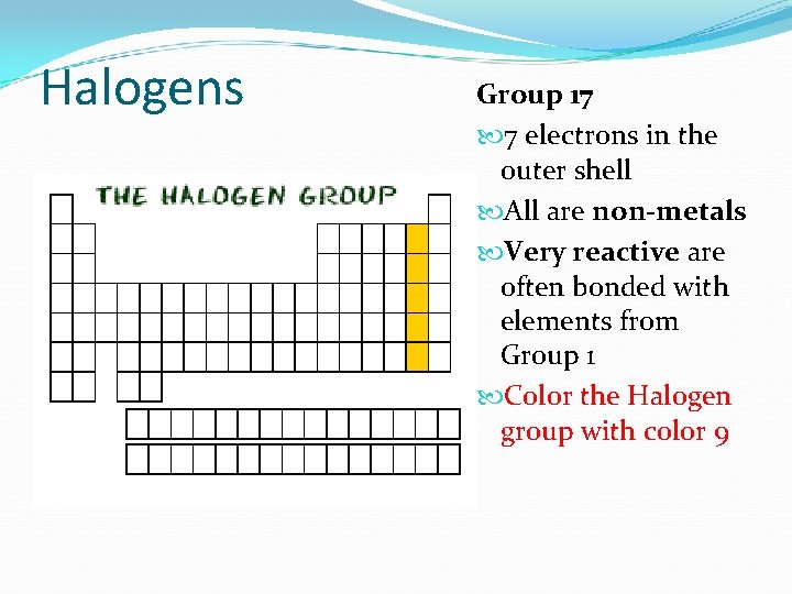 Halogens Group 17 7 electrons in the outer shell All are non-metals Very reactive
