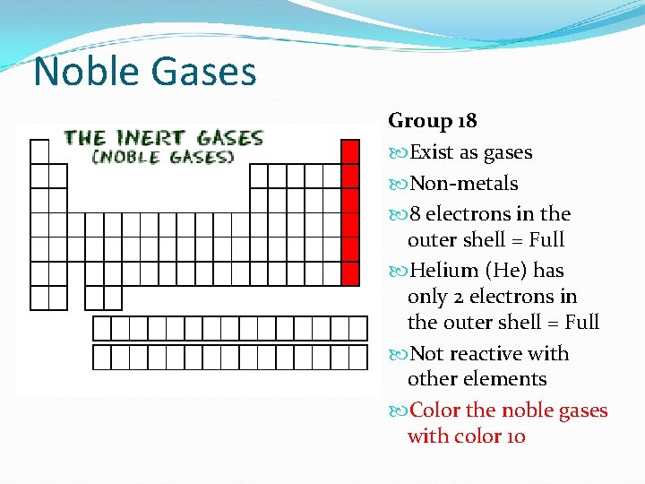 Noble Gases Group 18 Exist as gases Non-metals 8 electrons in the outer shell