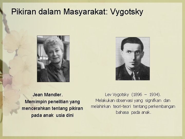 Pikiran dalam Masyarakat: Vygotsky Jean Mandler. Memimpin penelitian yang mencerahkan tentang pikiran pada anak