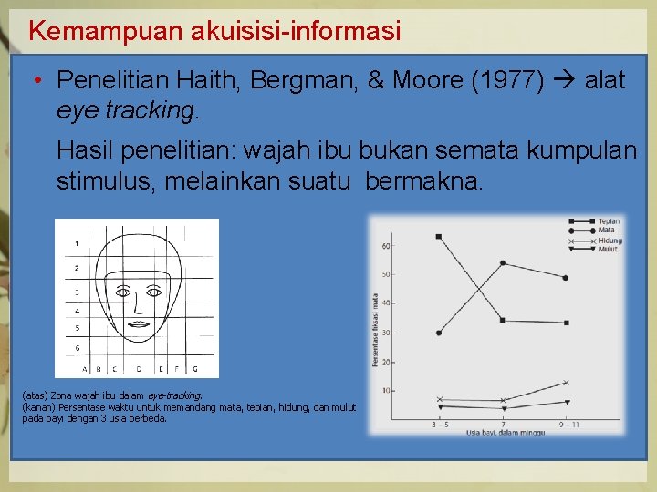 Kemampuan akuisisi-informasi • Penelitian Haith, Bergman, & Moore (1977) alat eye tracking. Hasil penelitian: