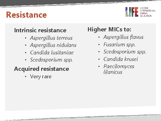 Resistance Intrinsic resistance • • Aspergillus terreus Aspergillus nidulans Candida lusitaniae Scedosporium spp. Acquired