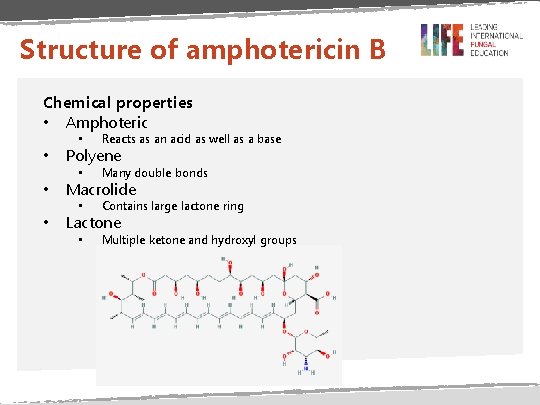 Structure of amphotericin B Chemical properties • Amphoteric • • Reacts as an acid
