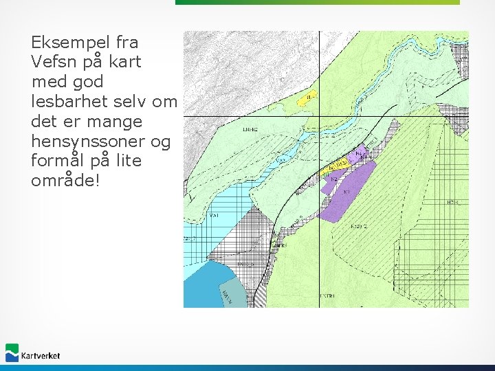 Eksempel fra Vefsn på kart med god lesbarhet selv om det er mange hensynssoner