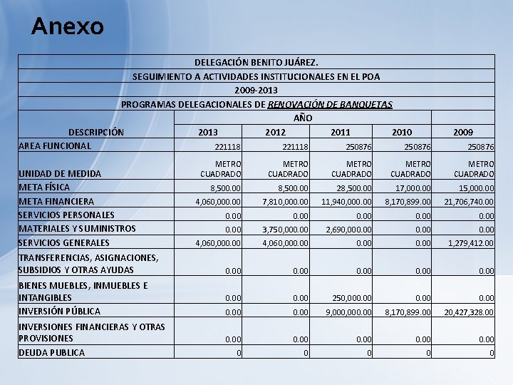 Anexo DELEGACIÓN BENITO JUÁREZ. SEGUIMIENTO A ACTIVIDADES INSTITUCIONALES EN EL POA 2009 -2013 PROGRAMAS