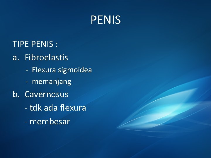 PENIS TIPE PENIS : a. Fibroelastis - Flexura sigmoidea - memanjang b. Cavernosus -