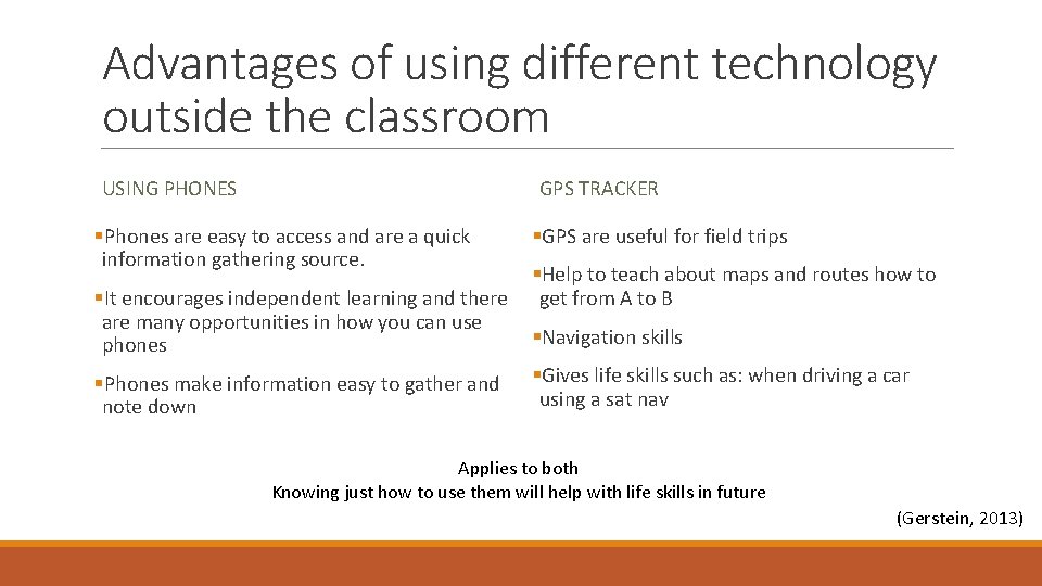 Advantages of using different technology outside the classroom USING PHONES GPS TRACKER §Phones are