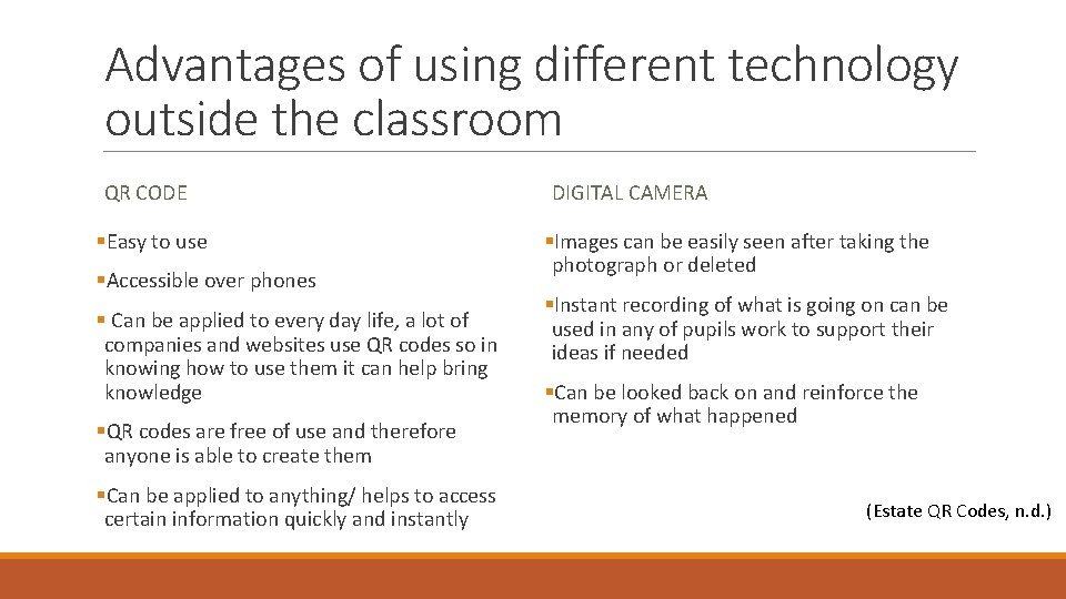 Advantages of using different technology outside the classroom QR CODE §Easy to use §Accessible