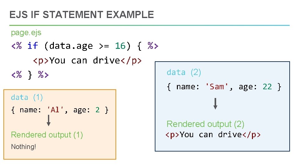 EJS IF STATEMENT EXAMPLE page. ejs <% if (data. age >= 16) { %>