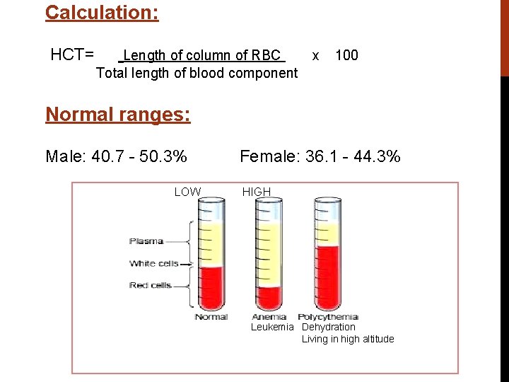 Calculation: HCT= Length of column of RBC Total length of blood component x 100