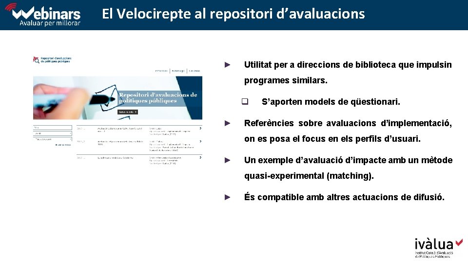 El Velocirepte al repositori d’avaluacions ► Utilitat per a direccions de biblioteca que impulsin