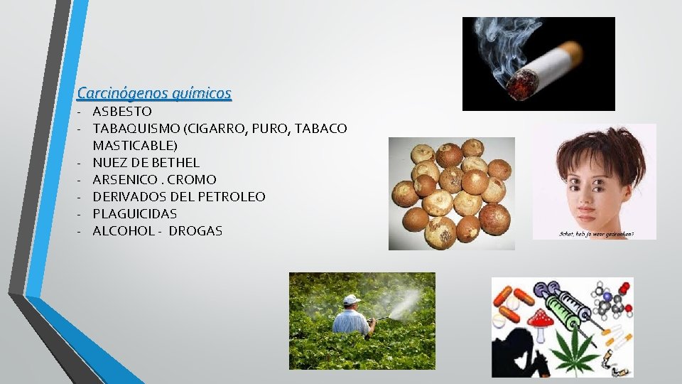 Carcinógenos químicos - ASBESTO - TABAQUISMO (CIGARRO, PURO, TABACO MASTICABLE) - NUEZ DE BETHEL