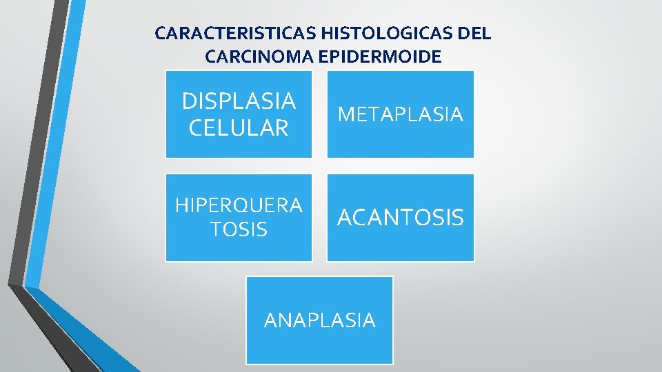 CARACTERISTICAS HISTOLOGICAS DEL CARCINOMA EPIDERMOIDE DISPLASIA CELULAR METAPLASIA HIPERQUERA TOSIS ACANTOSIS ANAPLASIA 