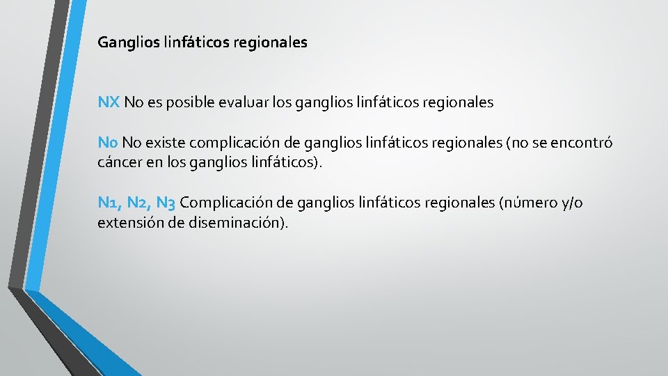 Ganglios linfáticos regionales NX No es posible evaluar los ganglios linfáticos regionales N 0