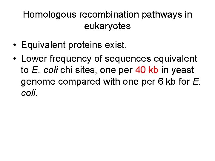 Homologous recombination pathways in eukaryotes • Equivalent proteins exist. • Lower frequency of sequences