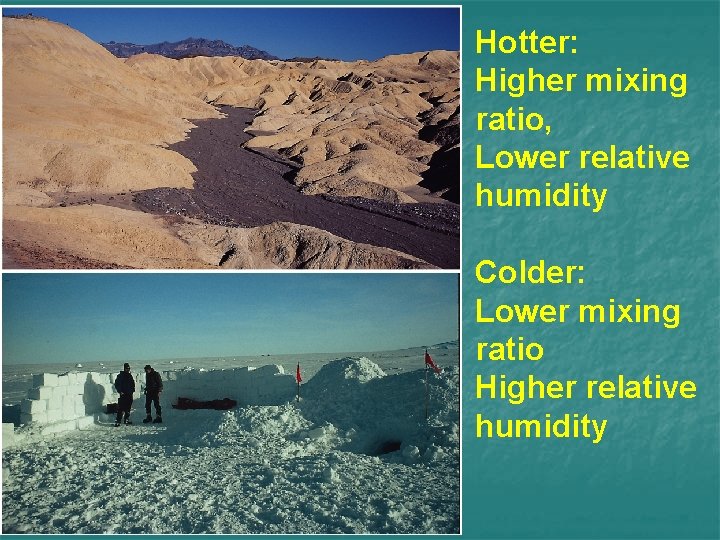 Hotter: Higher mixing ratio, Lower relative humidity Colder: Lower mixing ratio Higher relative humidity