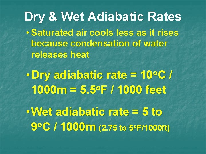 Dry & Wet Adiabatic Rates • Saturated air cools less as it rises because