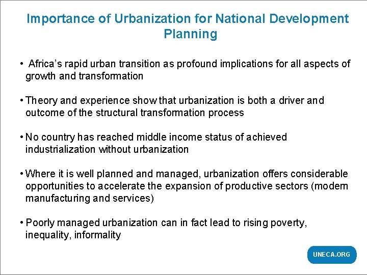 Importance CHAPTER | TITLEof Urbanization for National Development Planning • Africa’s rapid urban transition