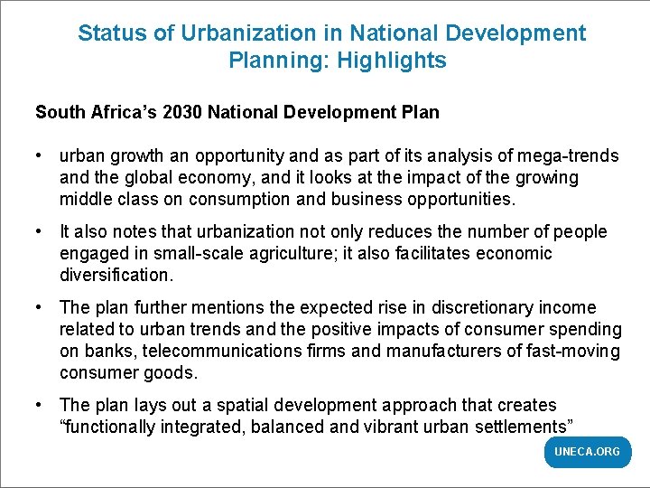 Status of Urbanization CHAPTER | TITLE in National Development Planning: Highlights South Africa’s 2030