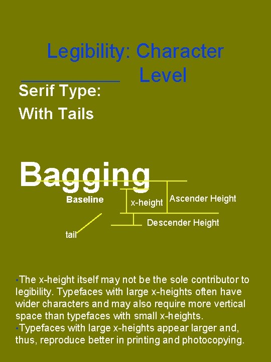 Legibility: Character Level Serif Type: With Tails Bagging Baseline x-height Ascender Height Descender Height