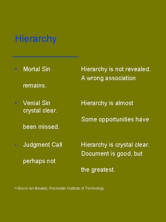 Hierarchy • Mortal Sin Hierarchy is not revealed. A wrong association remains. • Venial