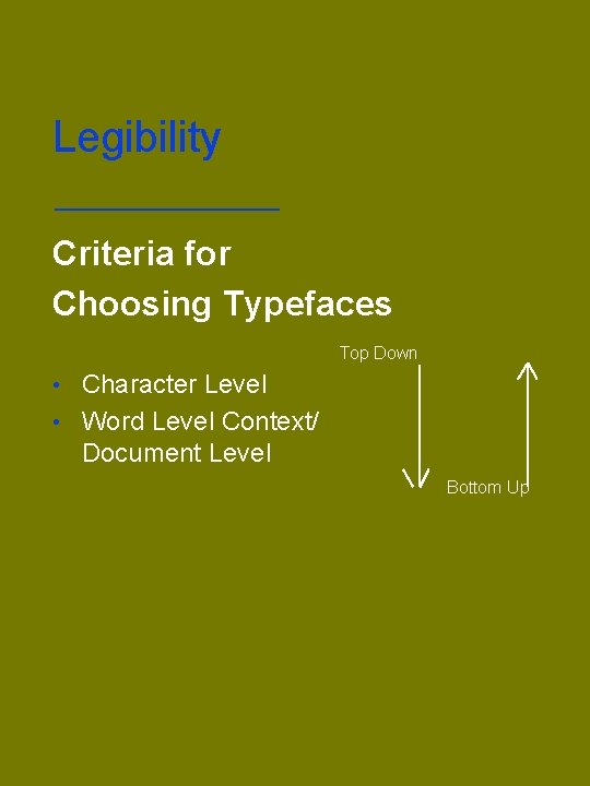 Legibility Criteria for Choosing Typefaces Top Down • Character Level • Word Level Context/
