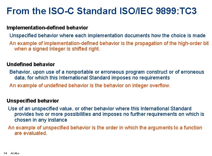 From the ISO-C Standard ISO/IEC 9899: TC 3 Implementation-defined behavior Unspecified behavior where each
