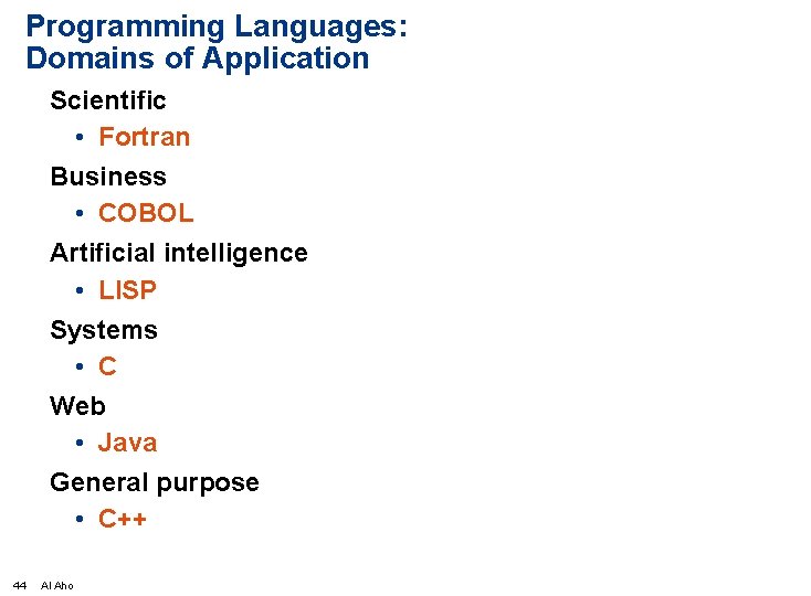Programming Languages: Domains of Application Scientific • Fortran Business • COBOL Artificial intelligence •