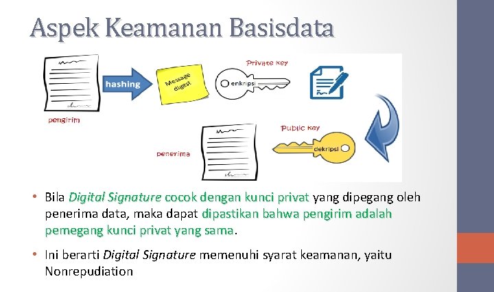 Aspek Keamanan Basisdata • Bila Digital Signature cocok dengan kunci privat yang dipegang oleh