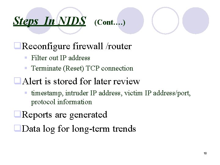 Steps In NIDS (Cont…. ) q. Reconfigure firewall /router § Filter out IP address