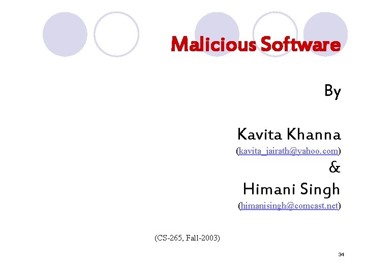 Malicious Software By Kavita Khanna (kavita_jairath@yahoo. com) & Himani Singh (himanisingh@comcast. net) (CS-265, Fall-2003)