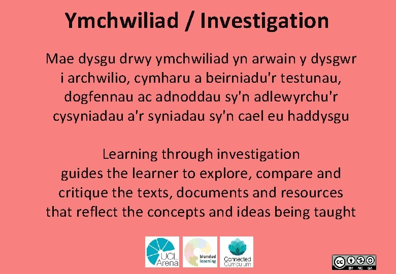 Ymchwiliad / Investigation Mae dysgu drwy ymchwiliad yn arwain y dysgwr i archwilio, cymharu