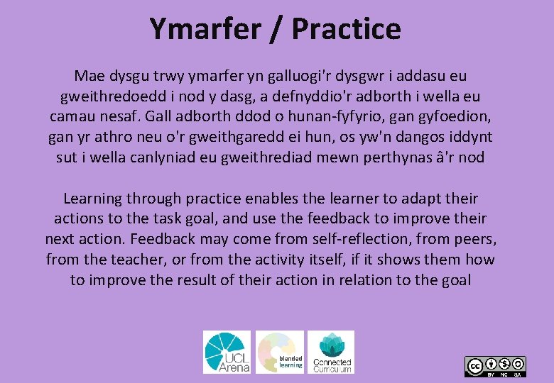Ymarfer / Practice Mae dysgu trwy ymarfer yn galluogi'r dysgwr i addasu eu gweithredoedd