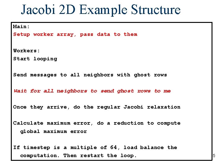Jacobi 2 D Example Structure Main: Setup worker array, pass data to them Workers: