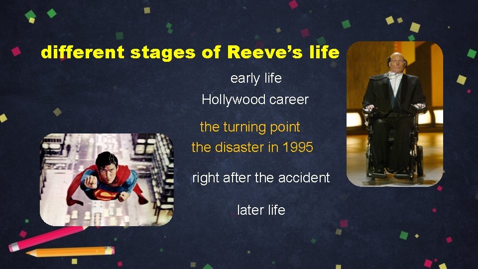 different stages of Reeve’s life early life Hollywood career the turning point the disaster
