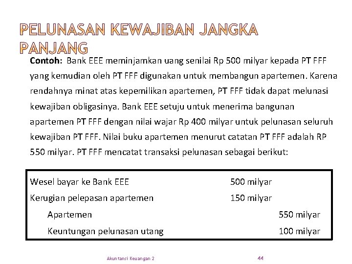 Contoh: Bank EEE meminjamkan uang senilai Rp 500 milyar kepada PT FFF yang kemudian