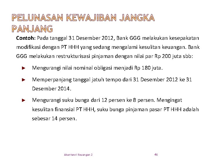 Contoh: Pada tanggal 31 Desember 2012, Bank GGG melakukan kesepakatan modifikasi dengan PT HHH