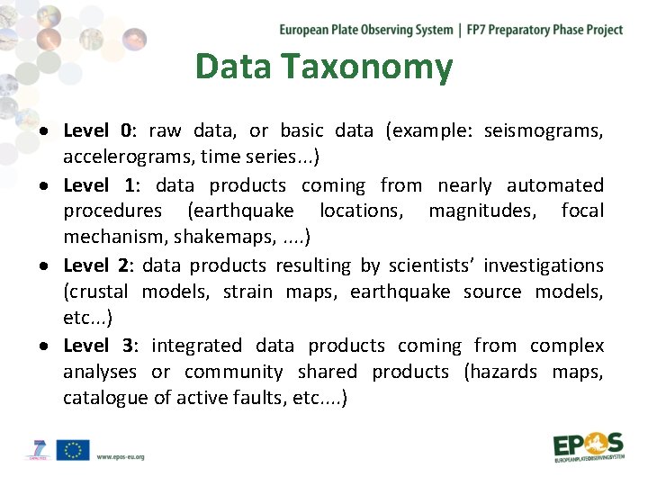 Data Taxonomy Level 0: raw data, or basic data (example: seismograms, accelerograms, time series.
