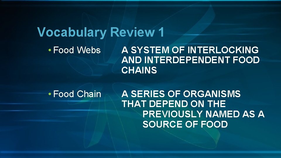 Vocabulary Review 1 • Food Webs A SYSTEM OF INTERLOCKING AND INTERDEPENDENT FOOD CHAINS