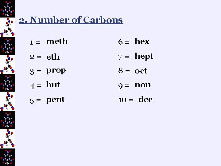 2. Number of Carbons 1 = meth 6 = hex 2 = eth 7