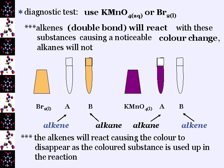 ¬diagnostic test: use KMn. O 4(aq) or Br 2(l) ***alkenes (double bond) will react