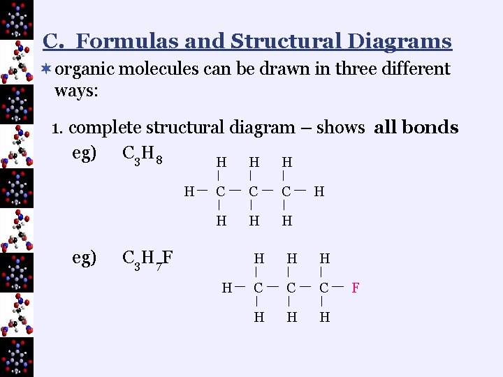 C. Formulas and Structural Diagrams ¬organic molecules can be drawn in three different ways:
