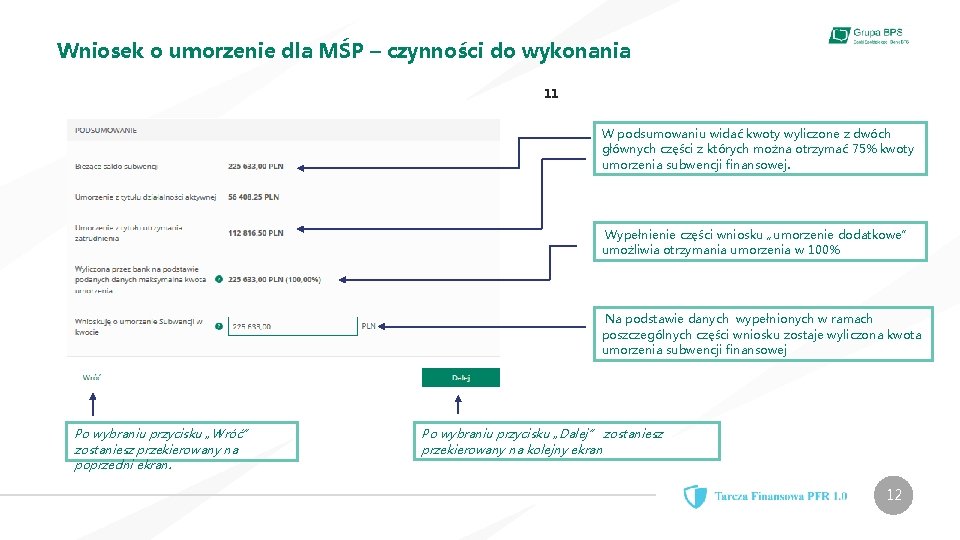 Wniosek o umorzenie dla MŚP – czynności do wykonania 11 W podsumowaniu widać kwoty