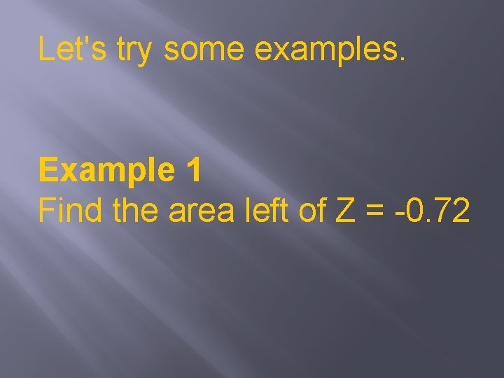 Let's try some examples. Example 1 Find the area left of Z = -0.