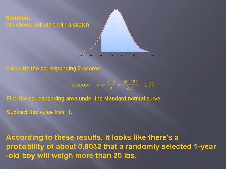 Solution: We should still start with a sketch: Calculate the corresponding Z-scores. Find the